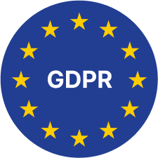 Circular badge with a blue background, surrounded by yellow stars, displaying 