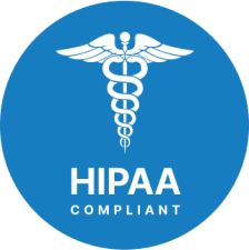 Circular badge in a blue background displaying a white caduceus symbol and the text 